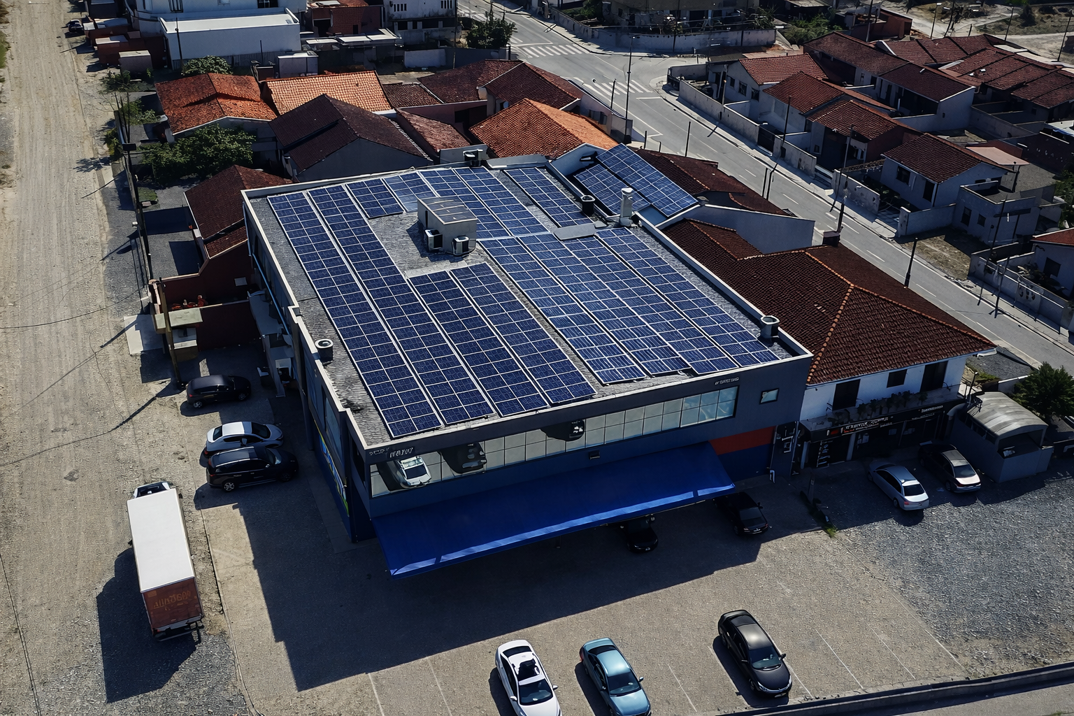 Usina solar no telhado de supermercado, vista aérea da cidade
